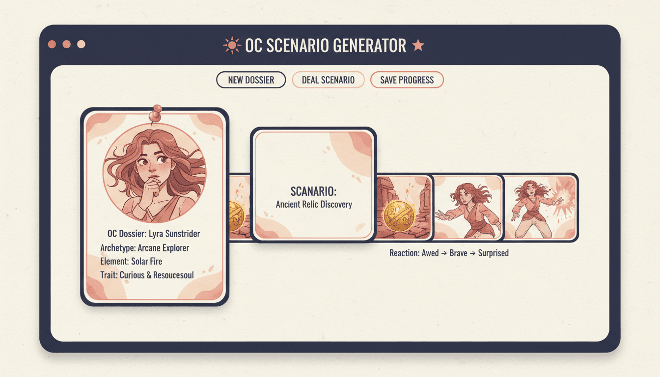 OC scenario generator interface with a character dossier pinned on the left and a scenario card dealt face-up on the right, expanding into illustrated panels