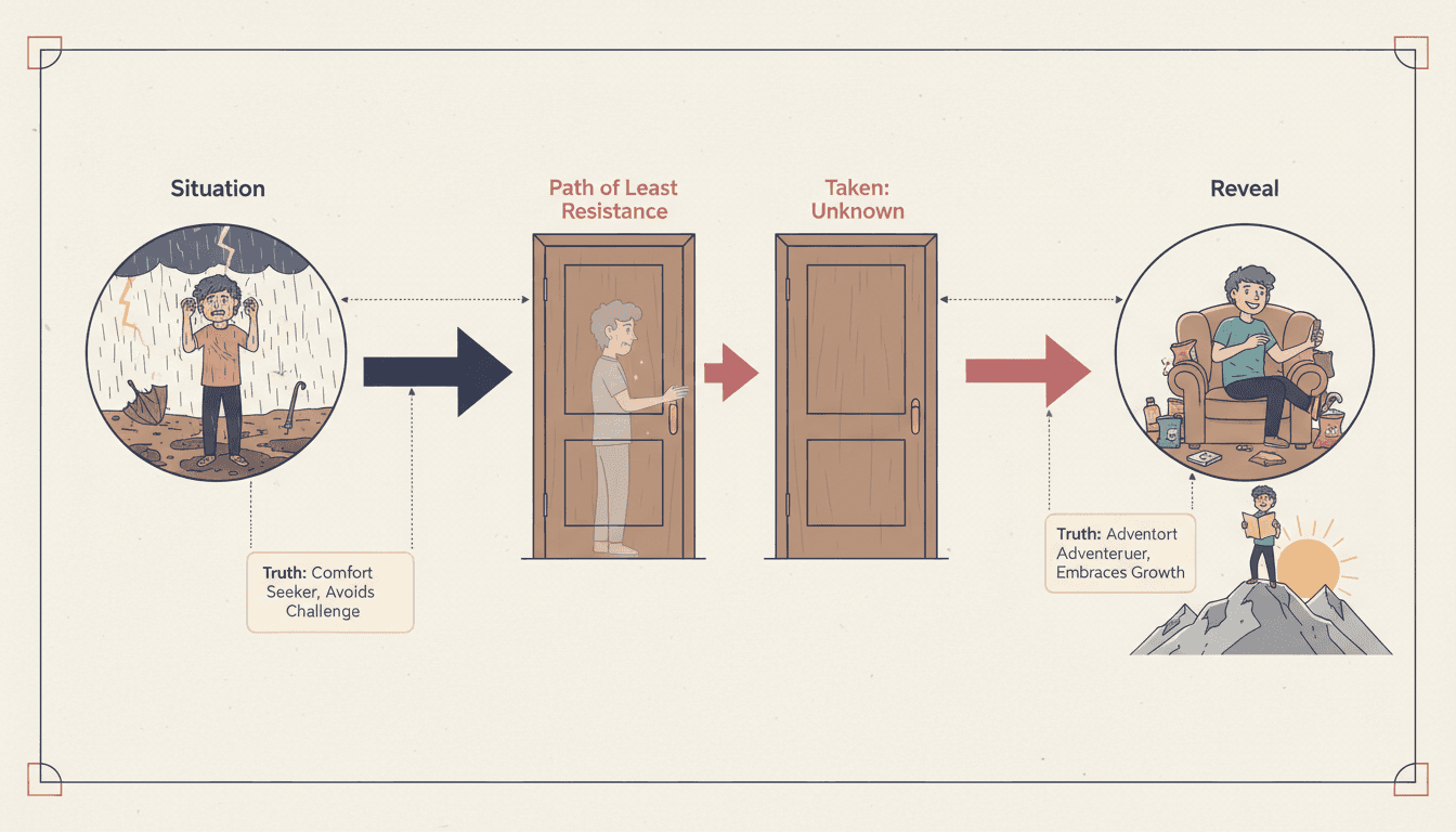 A Situation, Choice and Reveal diagram showing two doors an OC could take out of the same moment and the truth each one exposes