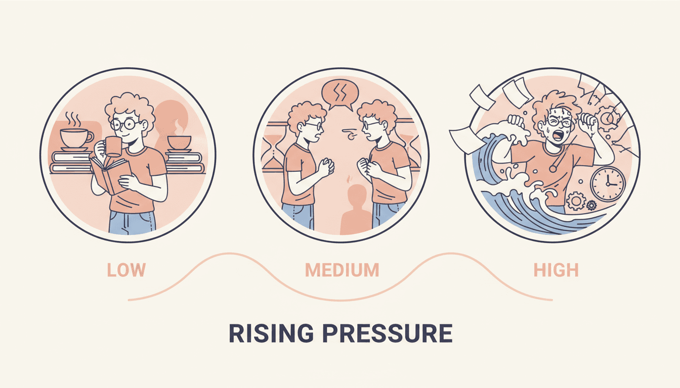 A pressure dial showing the same original character in an everyday moment, a tense social confrontation and an outright crisis