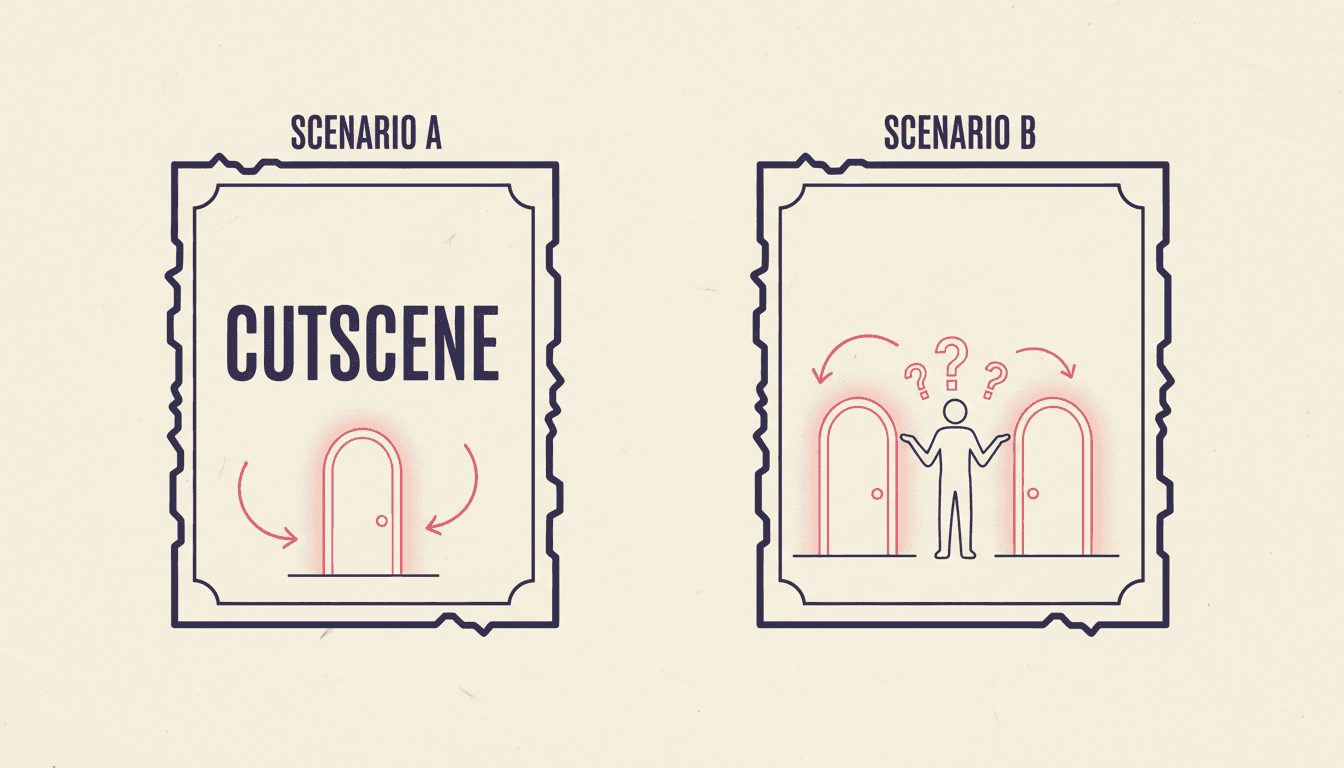 A comparison: a scenario card with only one exit labelled a cutscene, beside a scenario card with two equally lit doors and a character hesitating