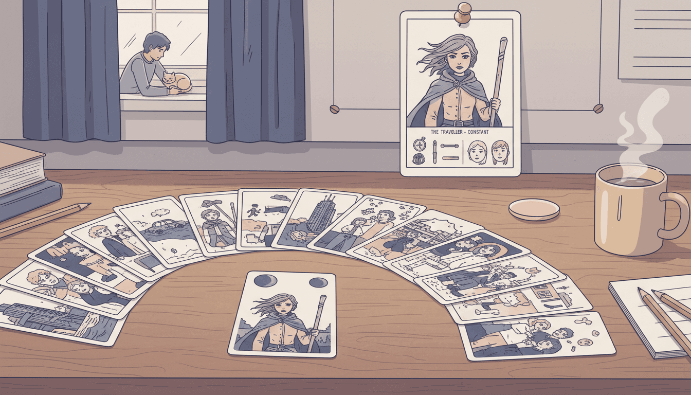 A deck of illustrated situation cards fanned across a studio desk with one card pulled forward face-up