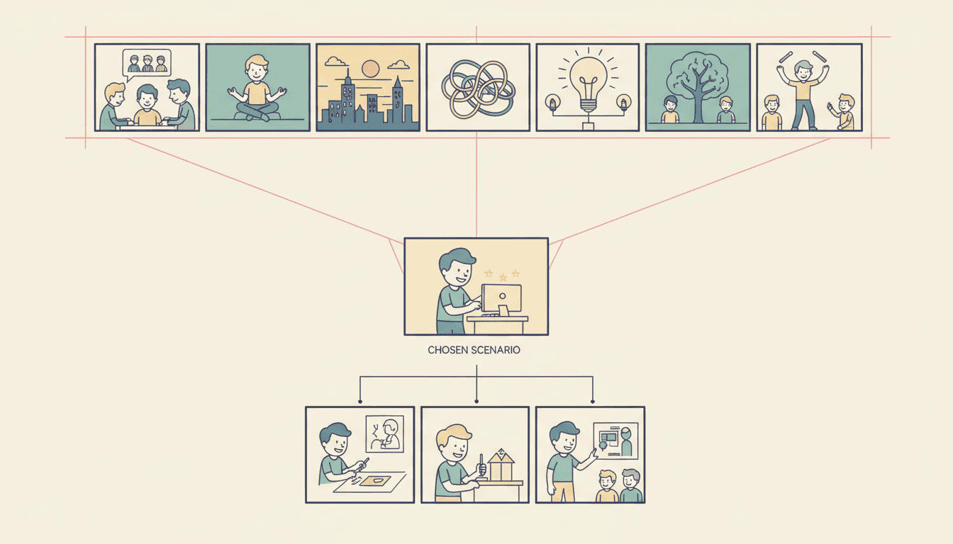 A diagram of situation cards narrowing to one chosen scenario, which expands into a finished illustrated scene