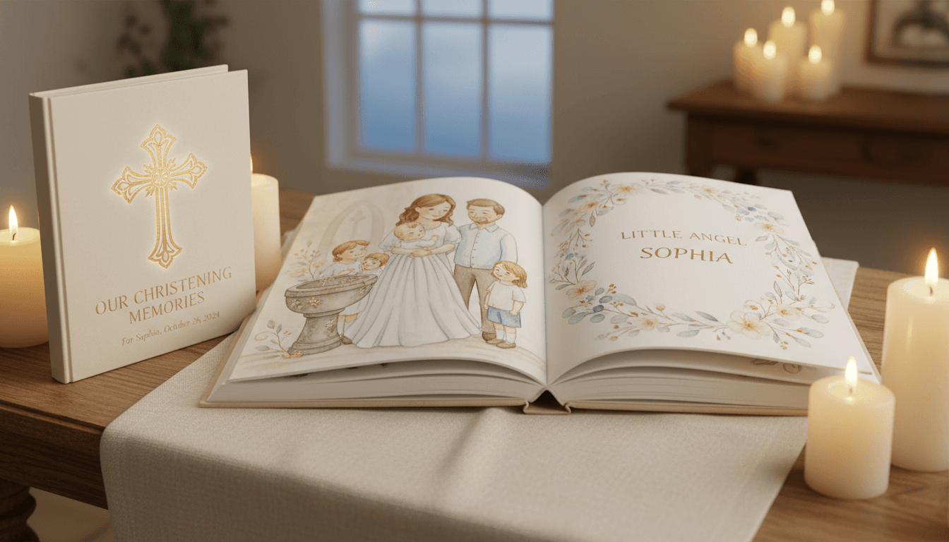 A personalised christening book lying open on ivory linen, its illustrated pages showing a baby in a white christening gown held by family beside a stone font