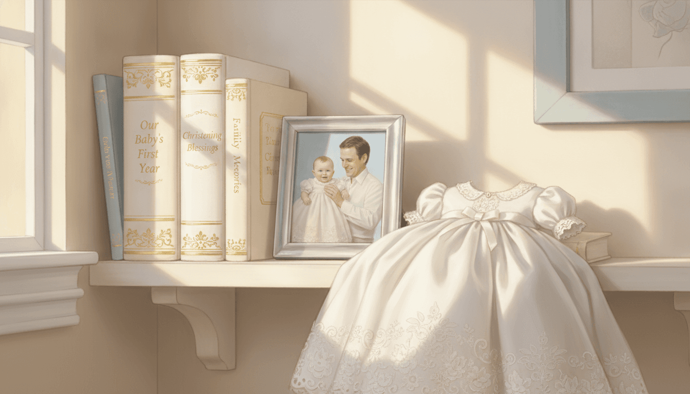 Three finished keepsake hardcovers with gold-lettered spines standing on a family shelf beside a framed christening photograph and a folded white gown