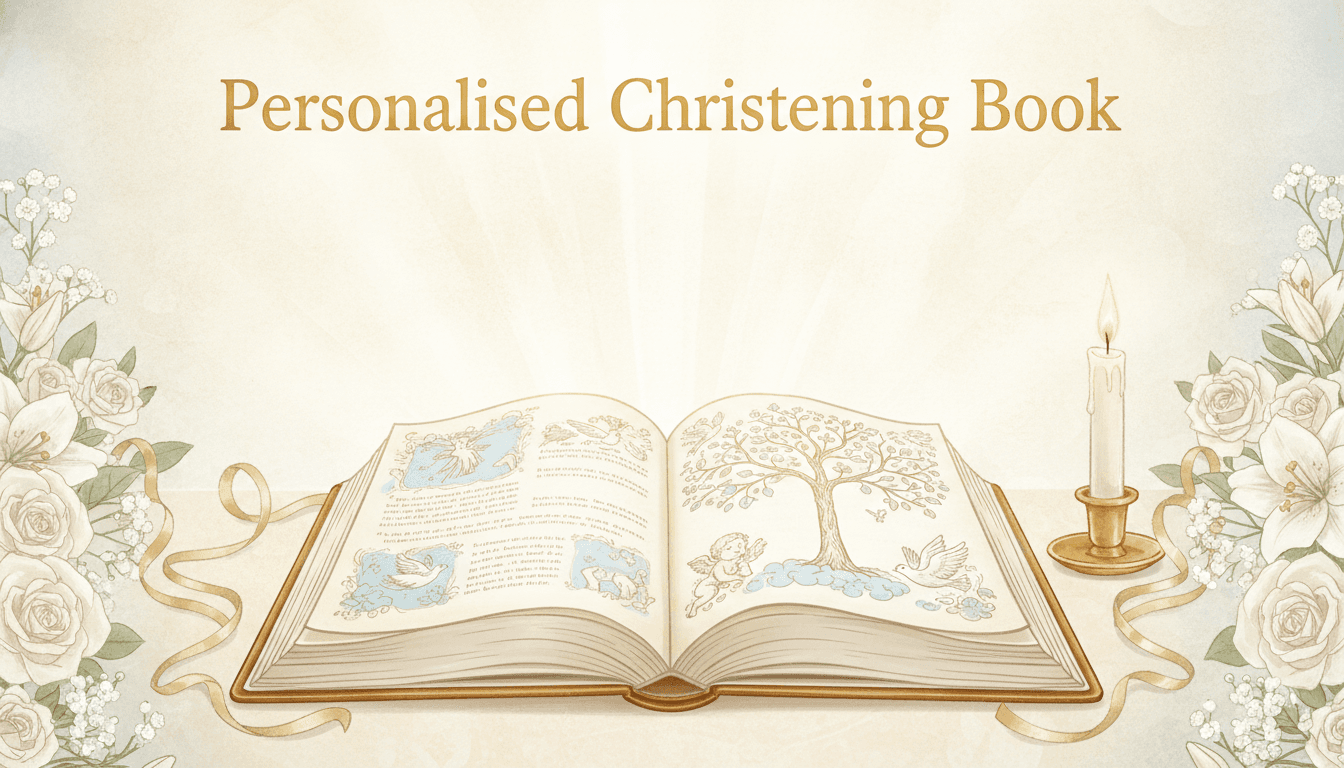 An open personalised christening book with soft gold light fanning up from its pages, white flowers and a single lit candle at the edges