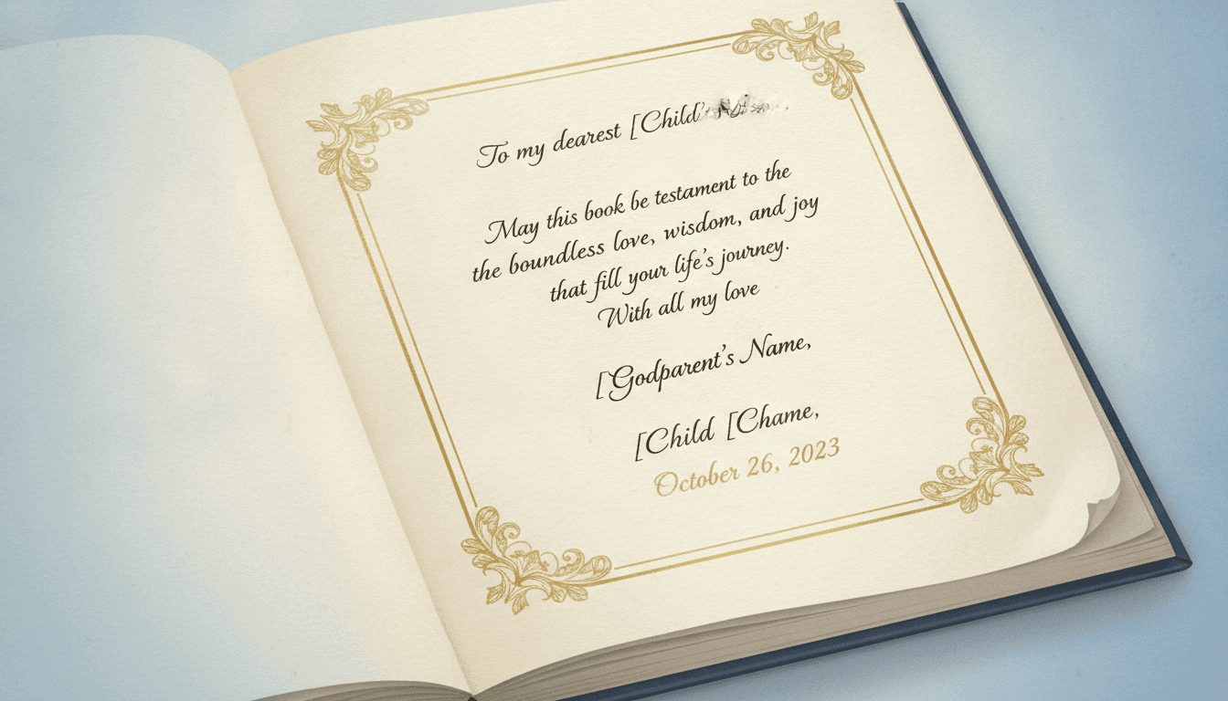 An ivory dedication page as the first opening of a christening keepsake book, a handwritten message from a godparent framed in a delicate gold border with a name and a date beneath it