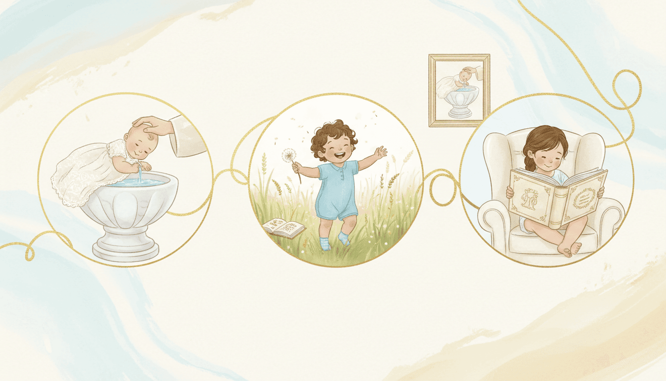 A gentle timeline joined by a gold thread showing the same illustrated child as a baby at a christening font, then as a toddler, then at seven years old reading the keepsake book