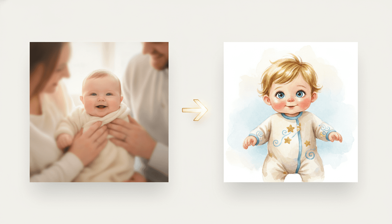 The Likeness — A photo, redrawn, from a personalised christening book made with C2Story