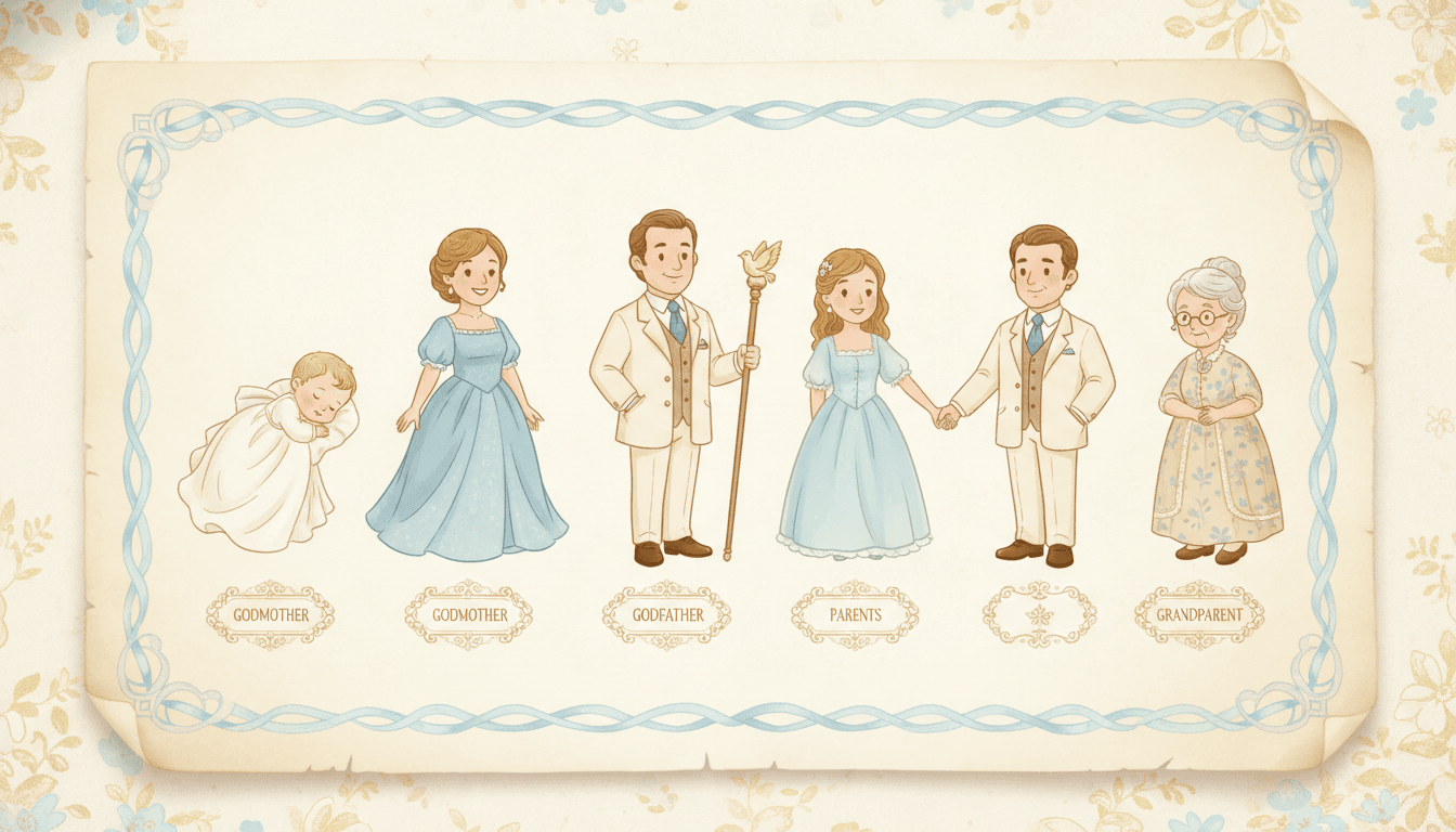 A christening cast model sheet showing a baby, a godmother, a godfather, two parents and a grandparent each drawn in the same consistent warm storybook style with gold name plates