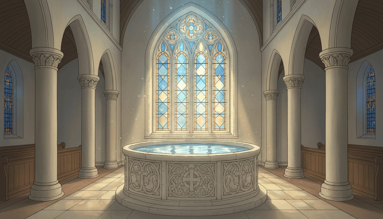 A quiet illustrated church interior with a carved stone font at its centre and morning sunlight falling through a stained-glass window onto the still water