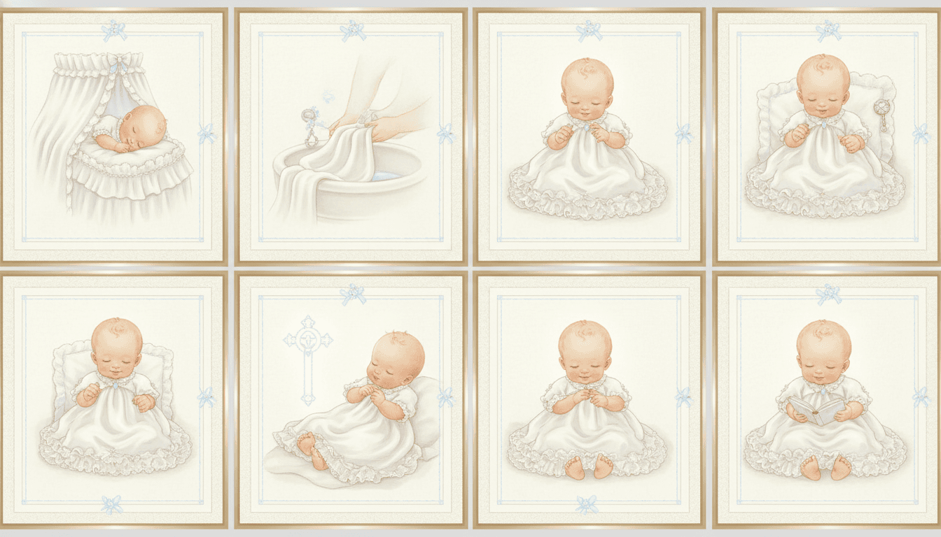 A grid showing the same illustrated baby on model across eight christening keepsake pages — the same face and the same white gown in every one