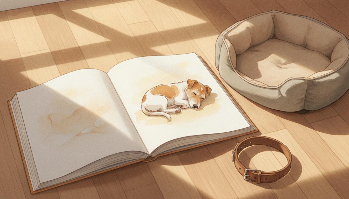 An open illustrated pet memorial book on a sunlit wooden floor, its pages showing a watercolour drawing of a tan-and-white terrier asleep in a sunbeam, a worn collar and an empty dog bed beside it