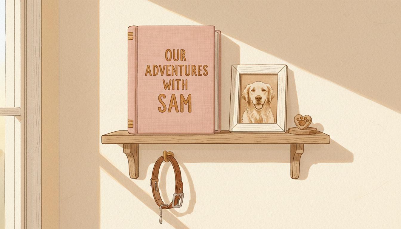 A finished illustrated memory book standing on a family shelf beside a worn collar on a hook, a framed photograph of a dog and a small clay paw print