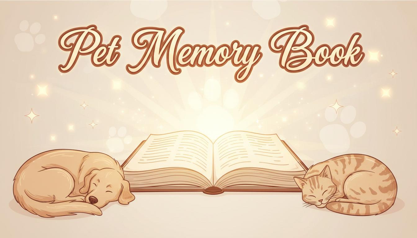 An open illustrated pet memory book with warm amber light fanning up from its pages, a drawn dog and a drawn cat curled at the lower corners