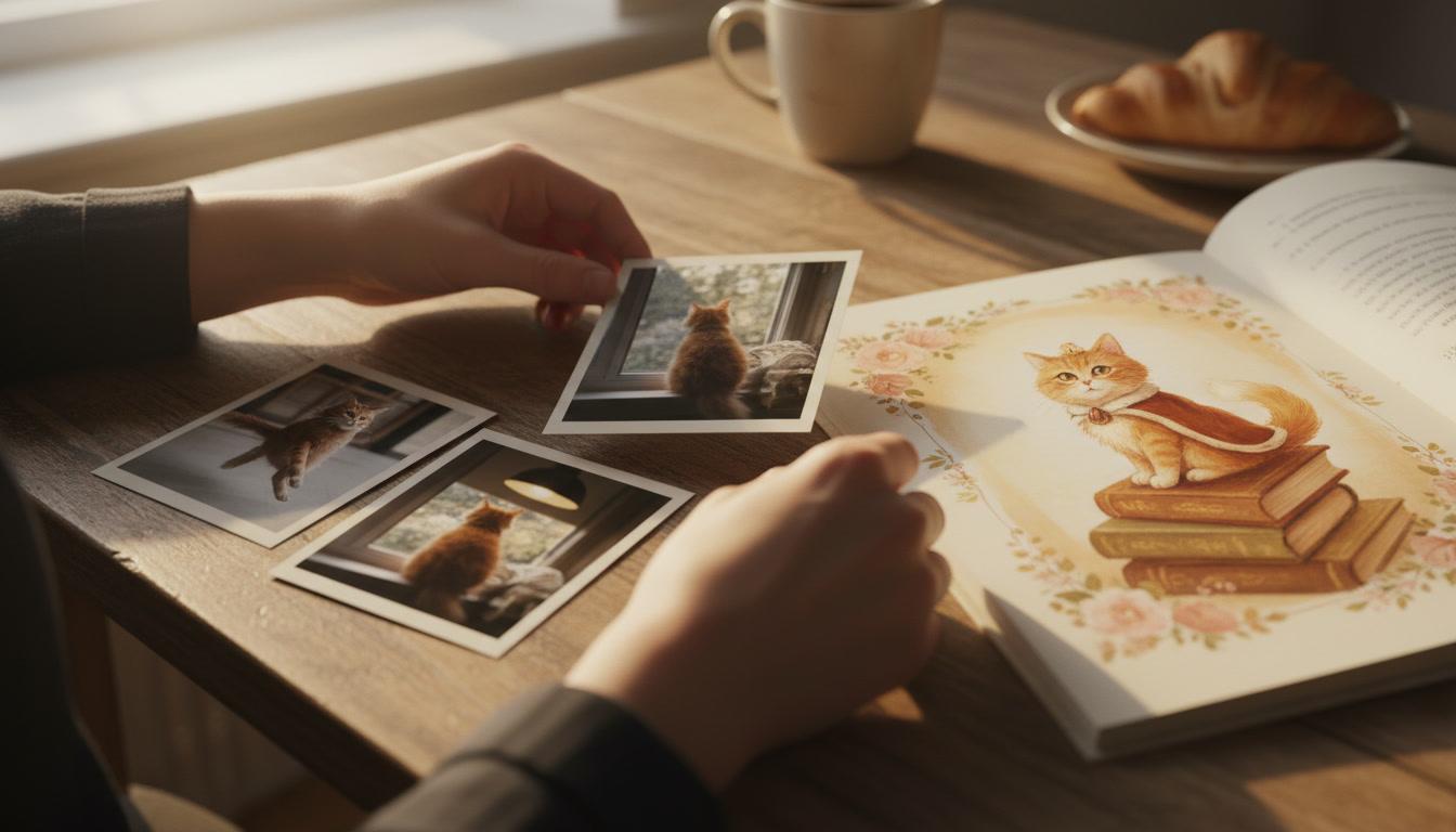 Hands laying out ordinary everyday snapshots of the same ginger cat across a kitchen table — one blurry, one from behind, one badly lit — beside a single finished illustrated page of that cat
