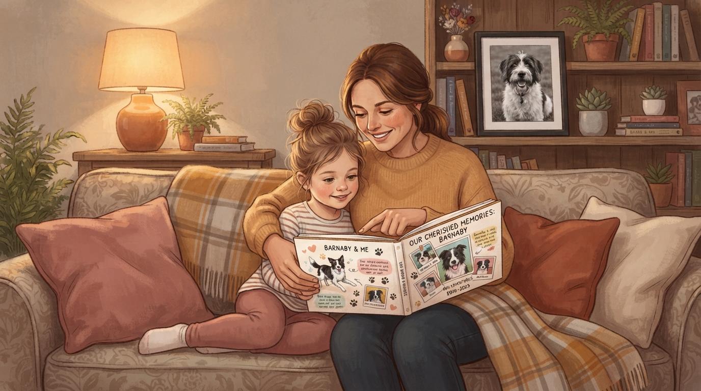 A parent and a young child sitting together on a sofa reading a finished pet memory book, a framed photograph of a black-and-white dog on the shelf behind them