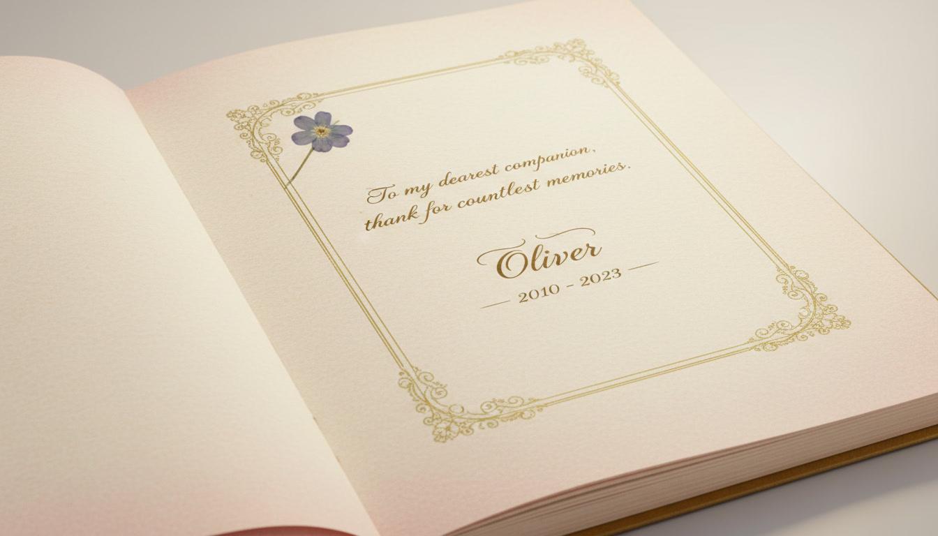 The Dedication — A name and two years, a page from a pet memorial book made with C2Story