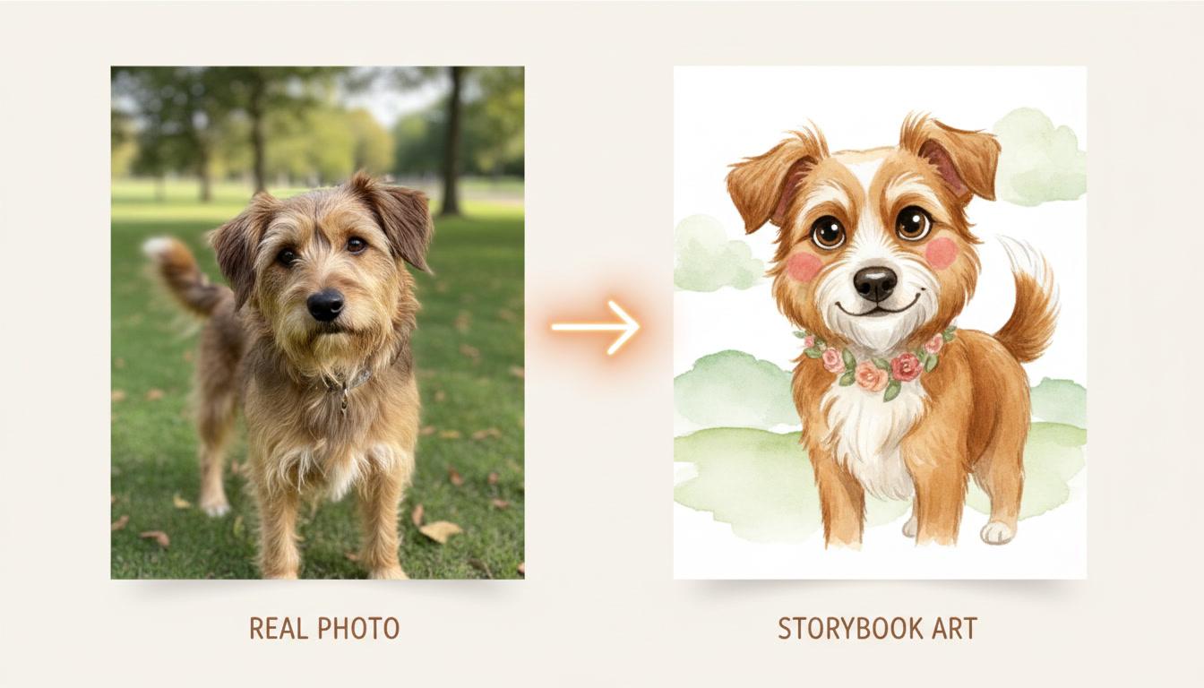 A two-panel comparison: a softly blurred everyday photograph of a scruffy brown dog on the left, an arrow in the middle, and the same dog redrawn as a warm watercolour storybook character on the right