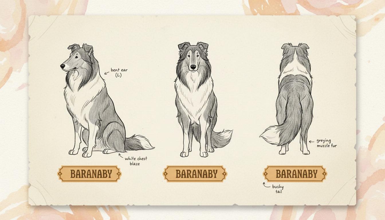 A character model sheet showing the same black-and-white collie from three angles — one bent ear, a white blaze down the chest, a greying muzzle — with handwritten notes and name plates beneath