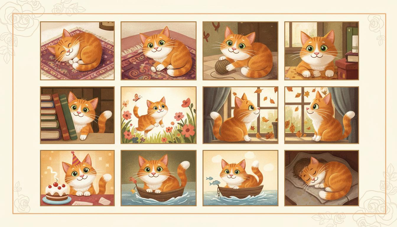 A grid showing the same illustrated ginger cat on model across eight picture-book pages — the same face and the same markings in every one