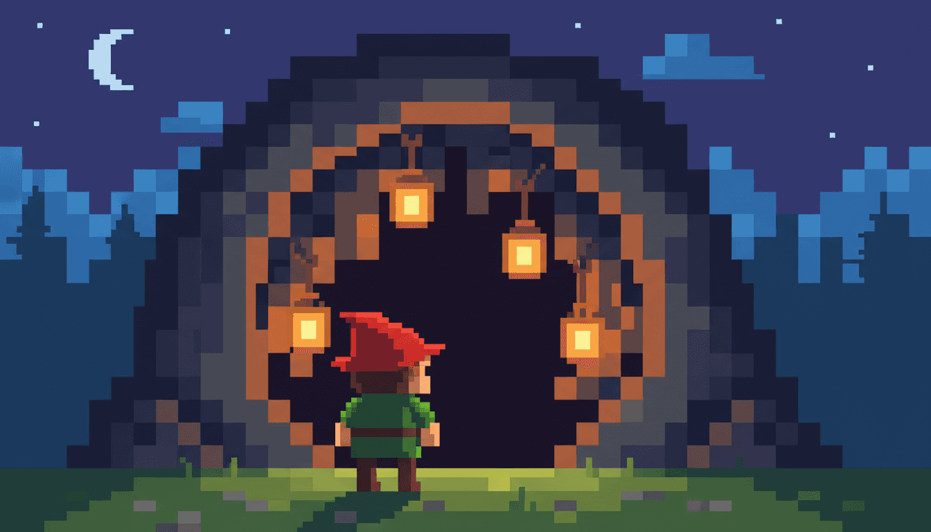 Pixel art picture book page of a blocky child in a red pointed hat and green tunic seen from behind at the mouth of a lantern-lit cave at night, every shape built from large visible square pixels with hard stair-stepped edges
