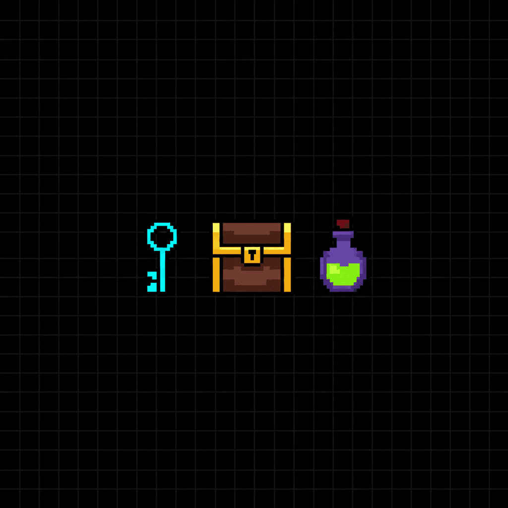 Square pixel art sprites of a treasure chest, a key and a potion bottle, each identifiable by silhouette and one accent colour