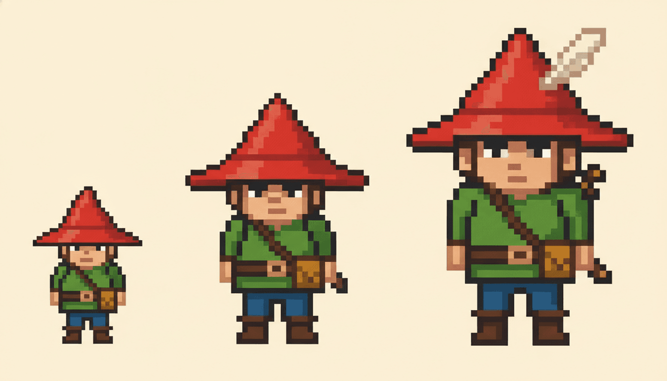 The same pixel art character at three resolutions, keeping an identical red hat, green tunic and slung satchel so they remain recognisable even as a tiny sprite