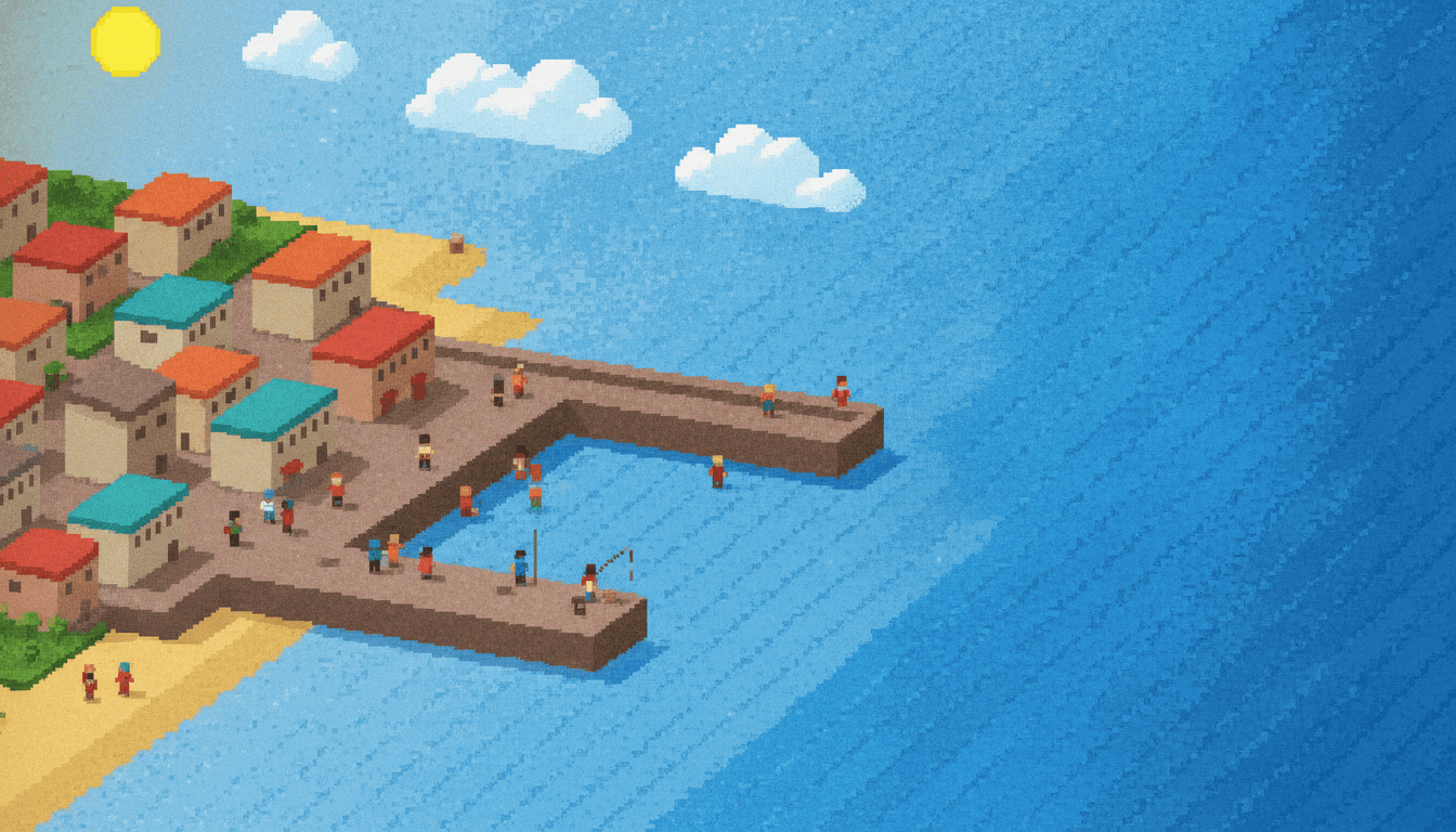Pixel art story scene of a seaside town with blocky houses and square pixel waves in three flat shades of blue