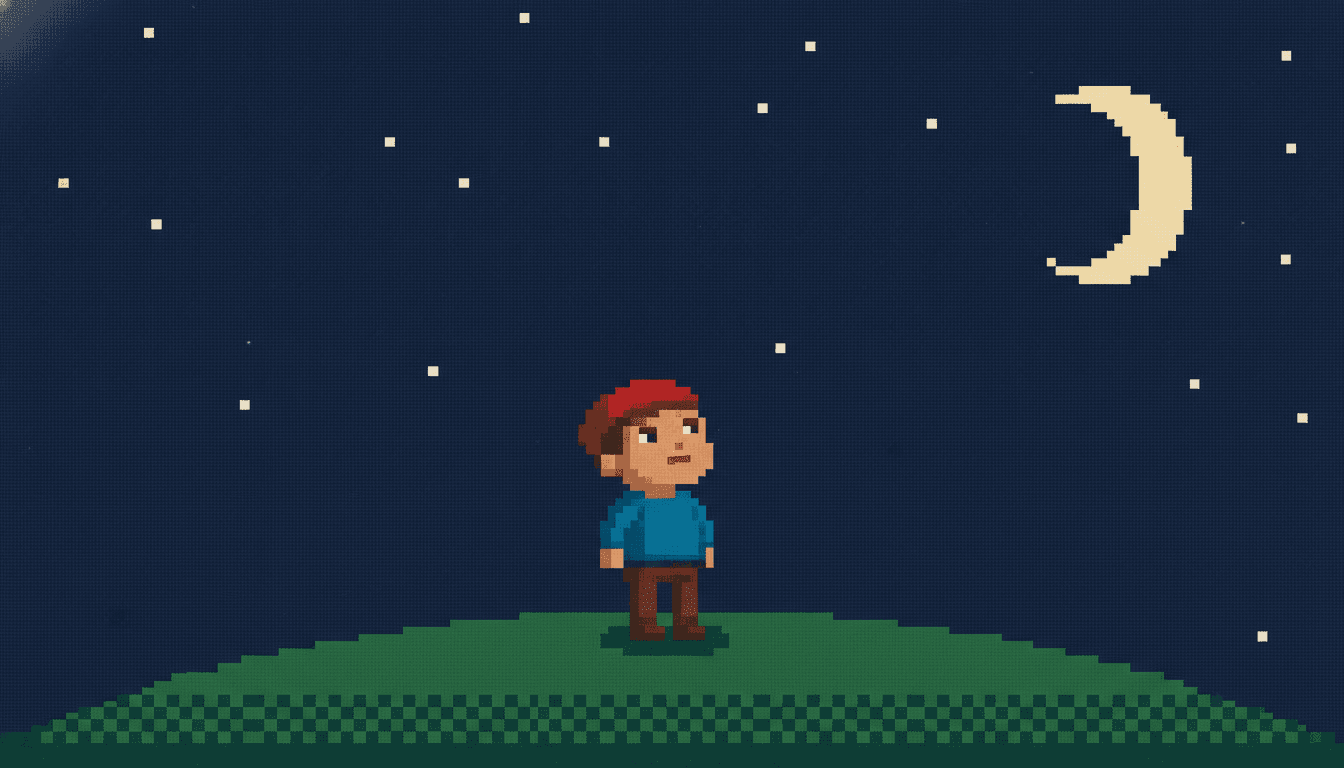 Pixel art picture book night scene with stars as single isolated white square pixels and a dithered band where two shades of green meet