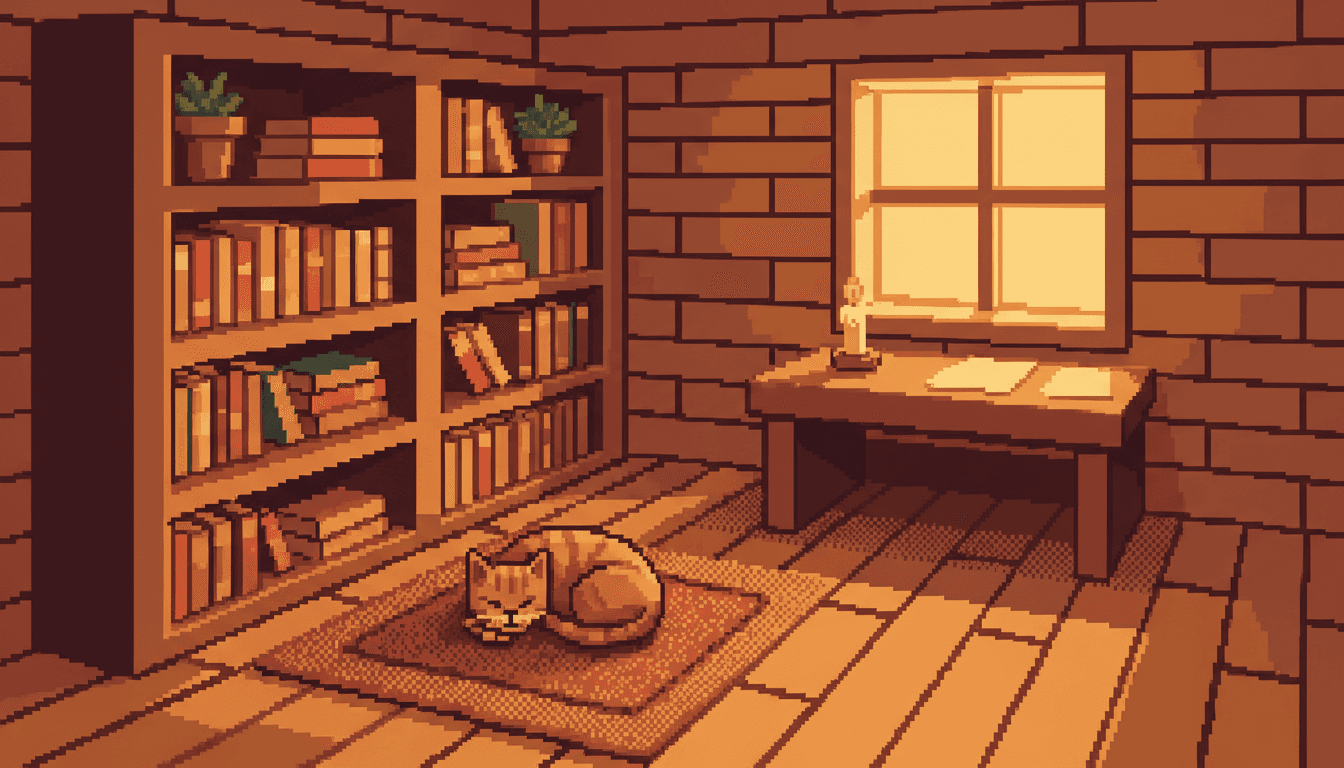Pixel art illustration of a cosy wooden interior where every object is reduced to a few deliberate pixels yet stays instantly readable