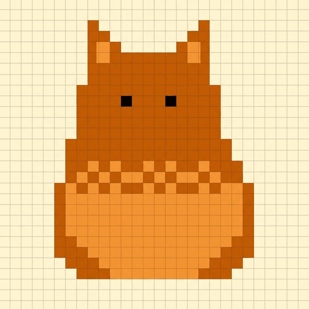 Square pixel art illustration of a chunky cat built from flat orange squares with a dithered checkerboard edge and two dark pixels for eyes
