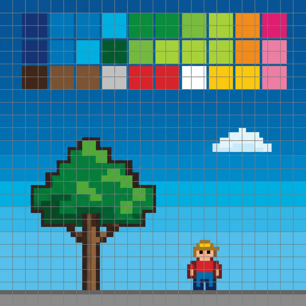 Square pixel art palette strip of sixteen flat colour swatches above a small scene painted using only those exact colours
