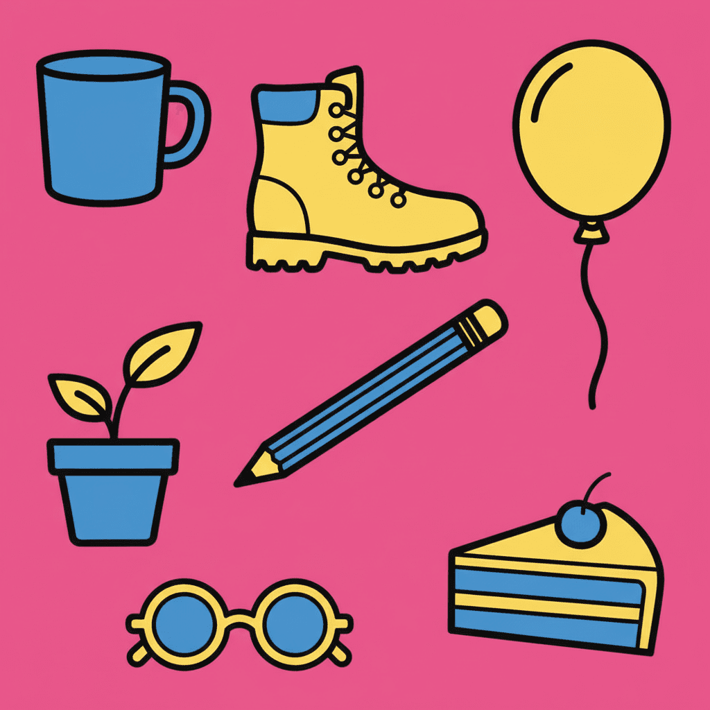 Square pop art flat-lay on a full-bleed hot pink field of seven everyday objects drawn large — a mug, a boot, a pencil, a balloon, a potted plant, round spectacles and a slice of cake — each one a single flat block of electric blue or lemon yellow with a thick black outline and no shading