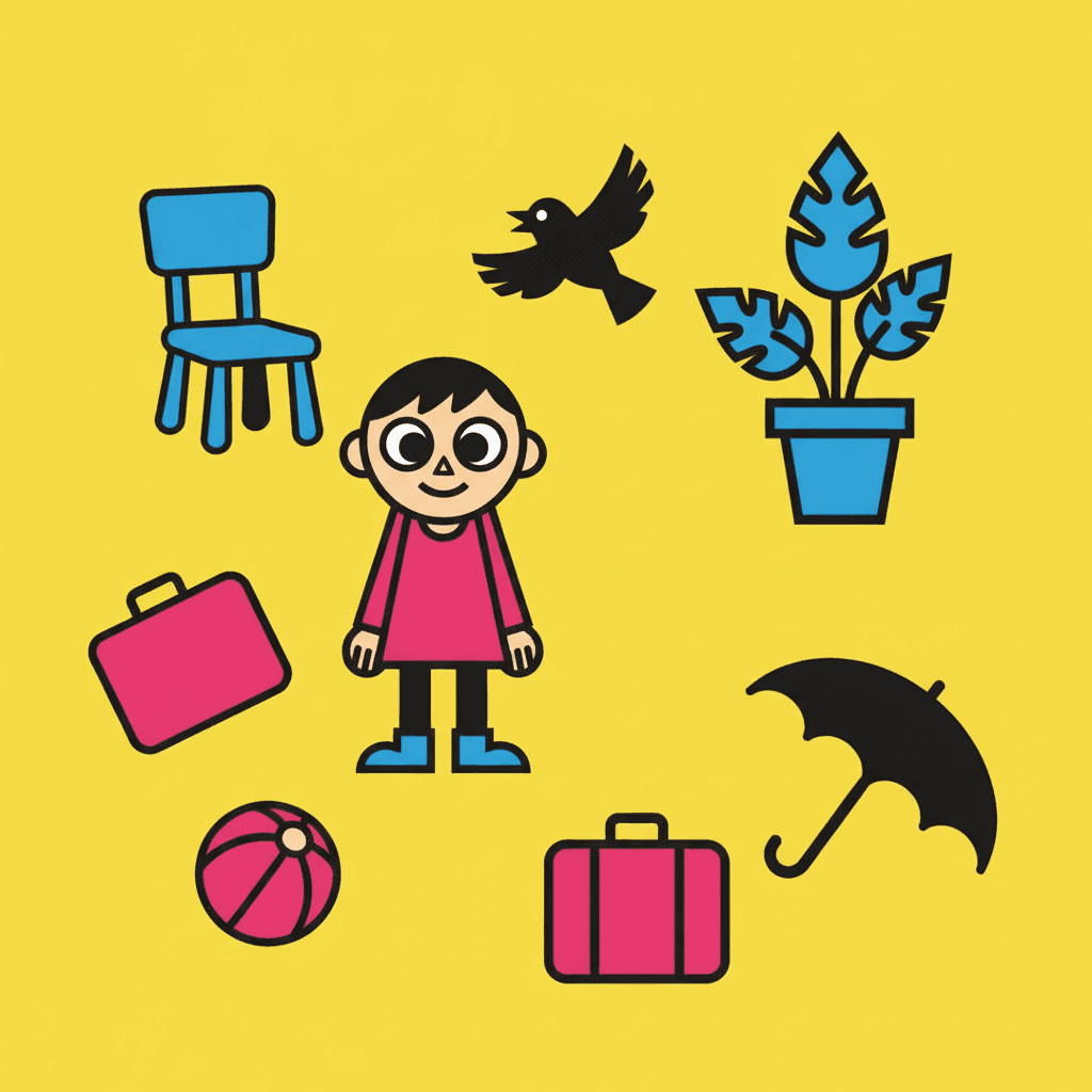 Square pop art illustration of one child in a hot pink top and electric blue shoes standing on a full-bleed lemon yellow field, with bold flat objects scattered around them — a chair, a bird, a potted plant, two suitcases, a ball and an umbrella — each outlined in thick black