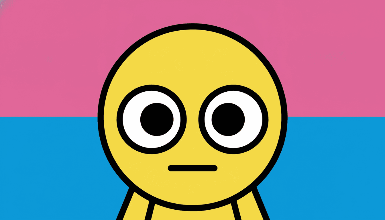 An enlarged pop art face showing two enormous round bulging eyes and one thick black mouth line, placed across the hard seam where a flat hot pink area meets a flat electric blue area with no blending between the two colours