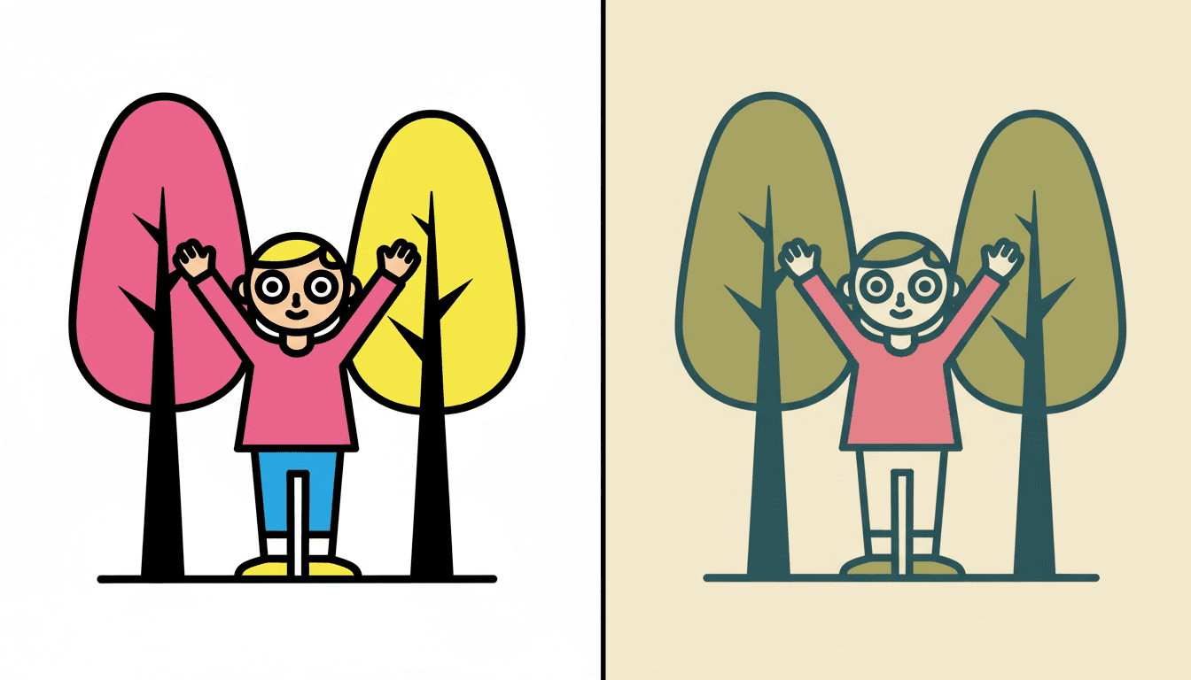 The same flat poster scene drawn twice side by side — on the left in clashing hot pink, electric blue and lemon yellow with thick black outlines, and on the right in a muted olive, cream and dusty rose vintage poster palette with thin elegant outlines