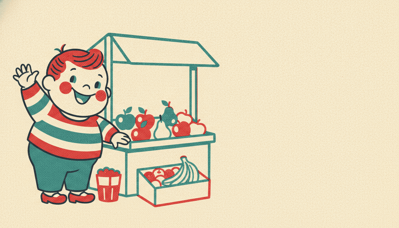 Retro commercial cartoon illustration of a round cheerful child waving beside a market stall of flat fruit in cherry red, teal and warm cream, with a visible fine halftone dot texture across the colour areas and a thin misregistered printing fringe where two inks miss each other