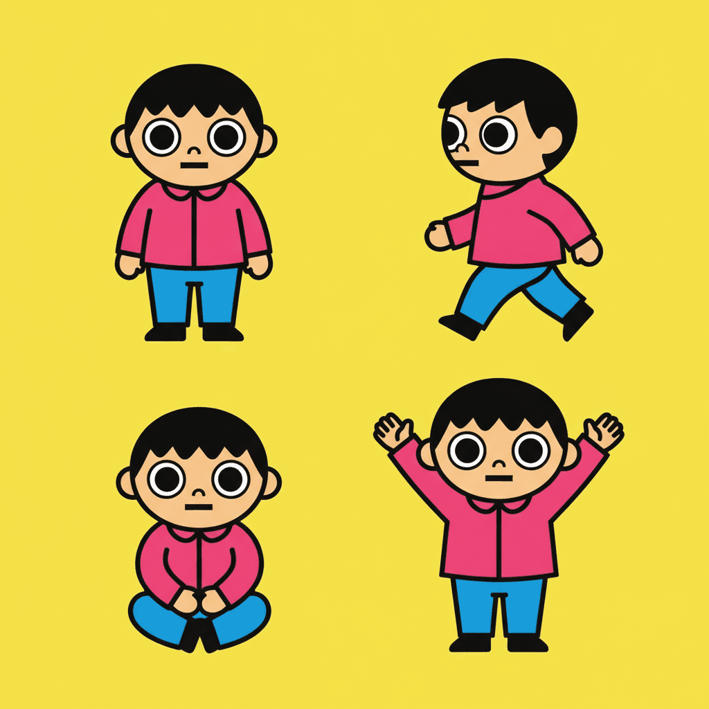 Square pop art character sheet showing the same child in four poses — standing, walking, sitting cross-legged and reaching up — in the identical hot pink jacket and electric blue trousers every time, with the same round bulging eyes and thick black outline, on a full-bleed lemon yellow field