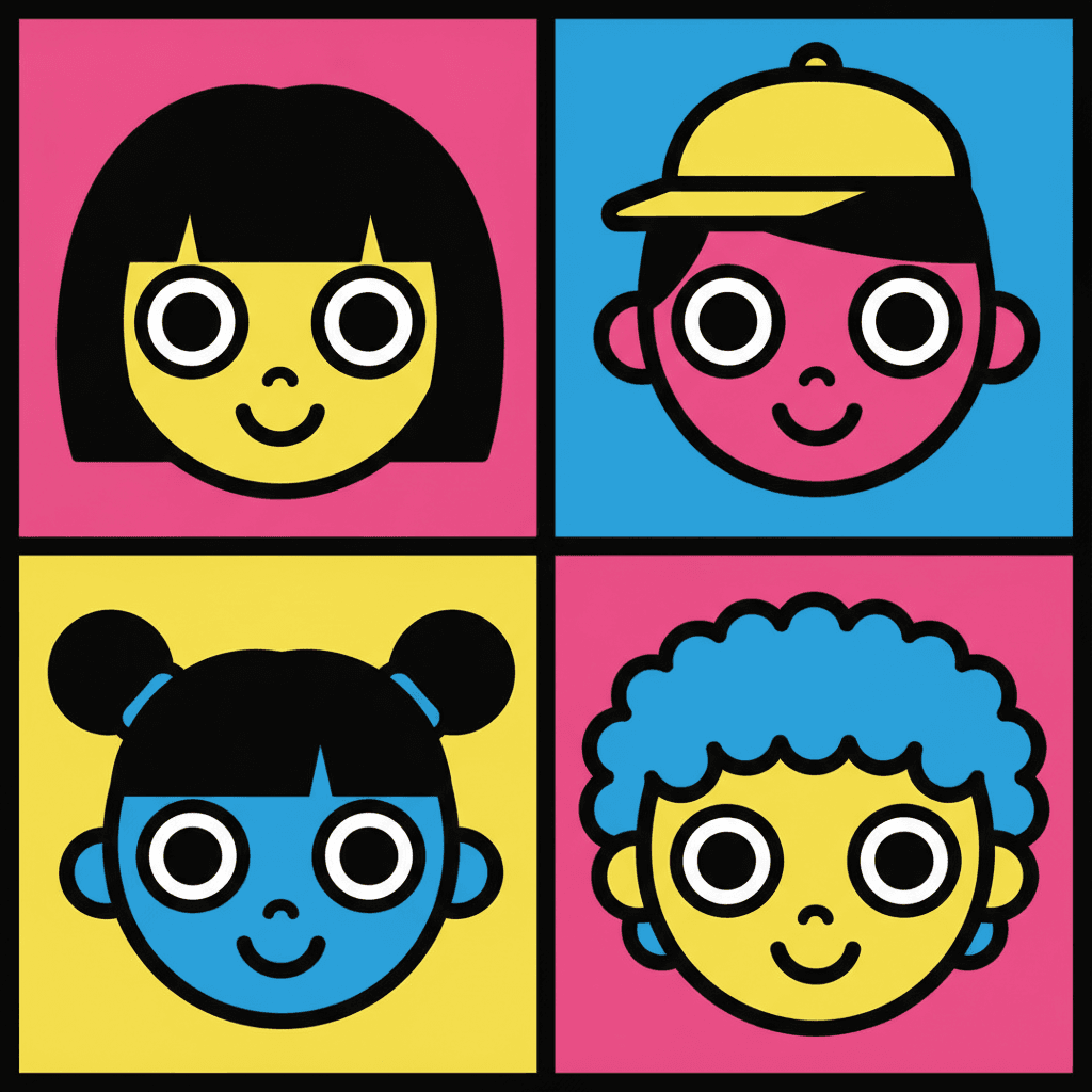 Square pop art illustration of four head-and-shoulders portraits in a two-by-two grid, each quarter a different flat field of hot pink, electric blue or lemon yellow, every face built from two enormous round bulging eyes and one thick black mouth line