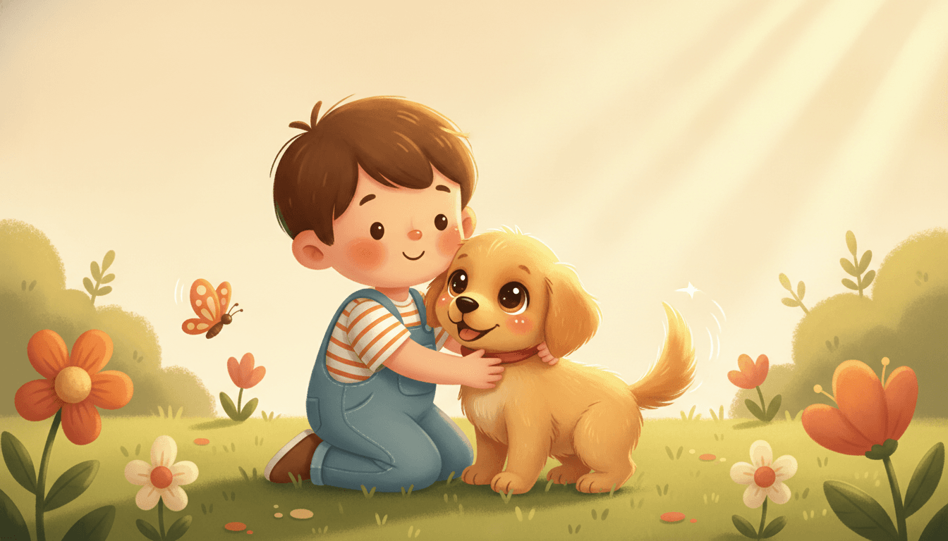 A happy little child gently hugging a fluffy golden puppy with a wagging tail in a sunny cozy backyard in an AI-generated puppy story