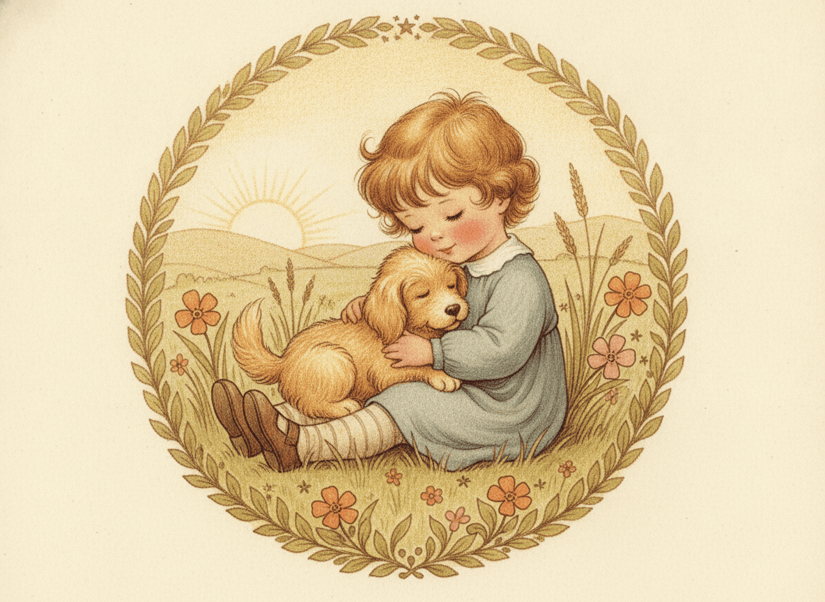 Classic storybook style illustration of a sweet child in a meadow with a fluffy golden puppy in their lap