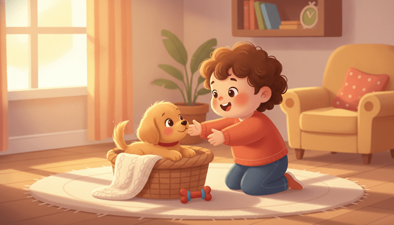 A delighted child kneeling to welcome a tiny wiggly golden puppy curled in a cozy basket with a soft blanket in a sunlit living room