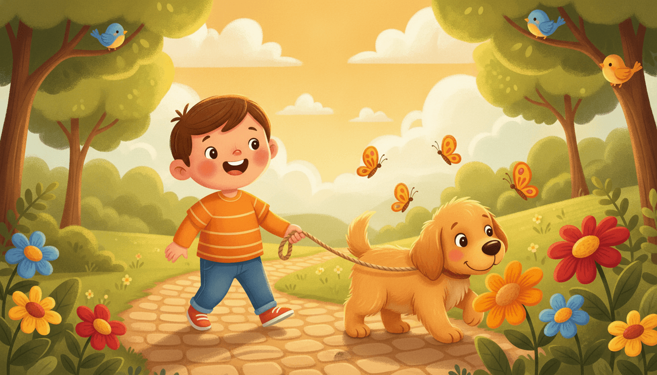 A happy child holding a leash as a curious fluffy golden puppy sniffs colorful flowers along a sunny park path with butterflies