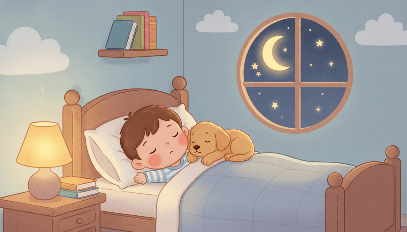 A sleepy little child in pajamas tucked in bed with a fluffy golden puppy curled up snugly beside them under a glowing crescent moon