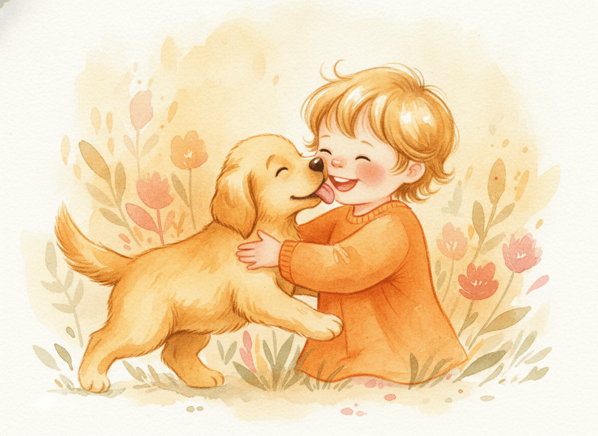 Watercolor style puppy story illustration of a happy child hugging a fluffy golden puppy