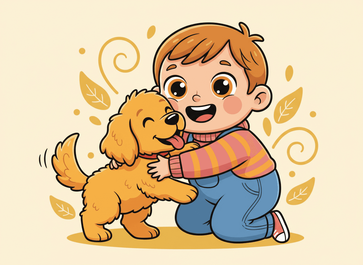 Cartoon style puppy story illustration of a happy child hugging a cheerful golden puppy with a wagging tail