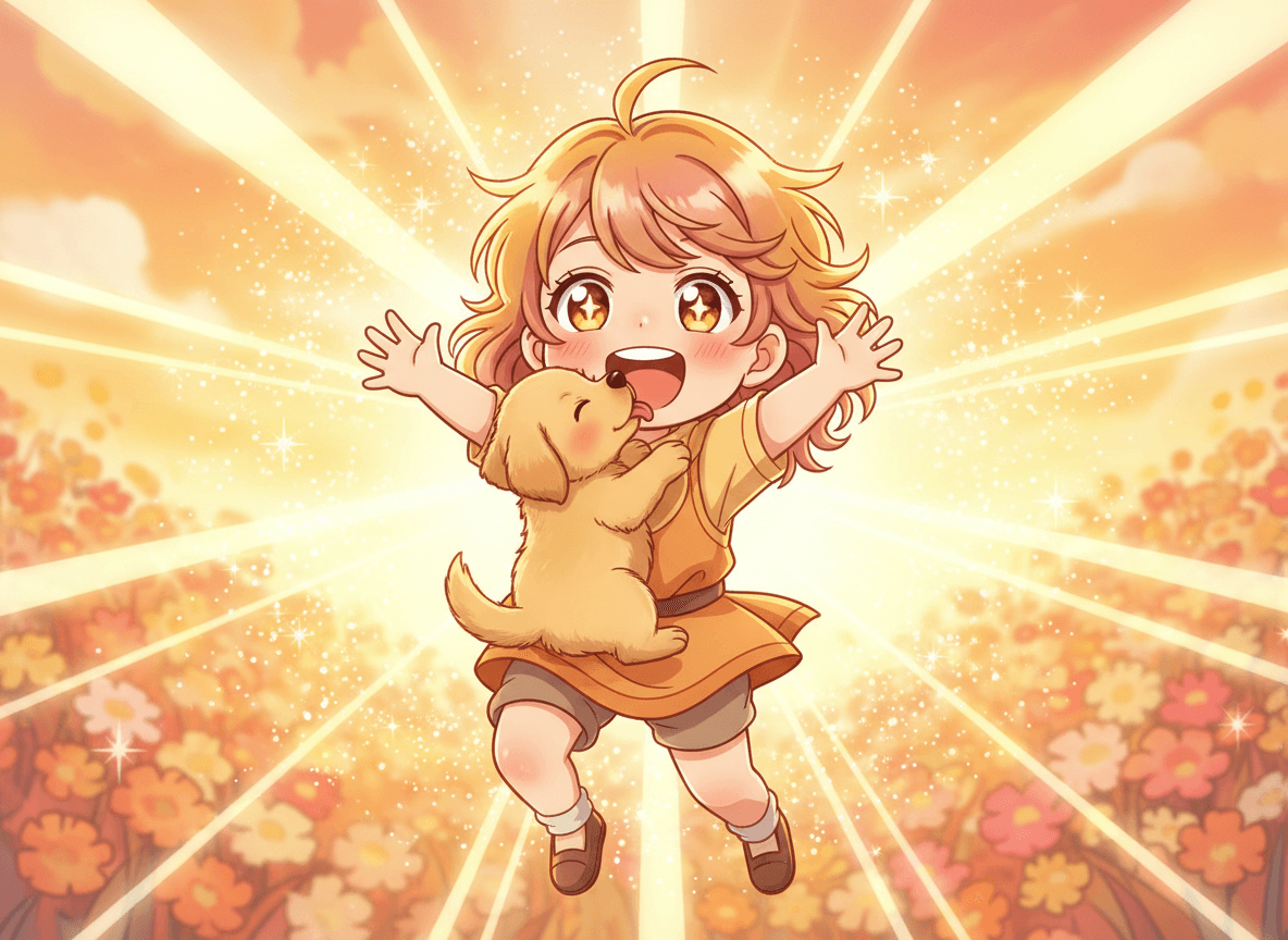 Anime style puppy story illustration of a cute child with sparkling eyes holding a fluffy golden puppy