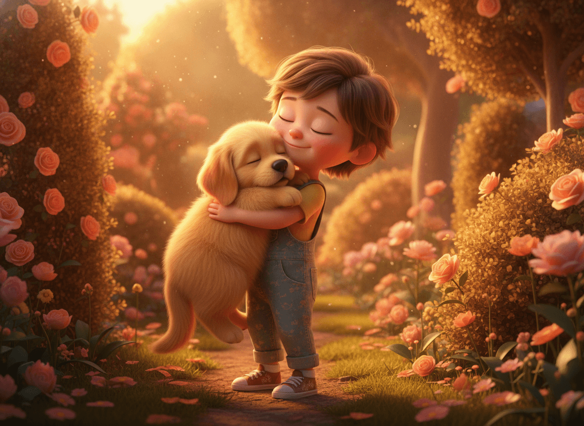 Cinematic 3D style puppy story illustration of an adorable child cuddling a fluffy golden puppy at golden hour
