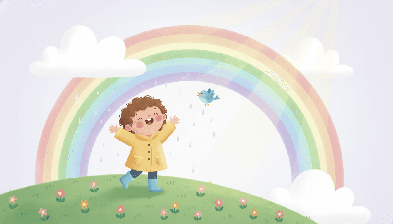 A happy child standing on a green flower hill joyfully reaching up toward a huge brilliant rainbow arching across the sky just after the rain in an AI-generated rainbow story