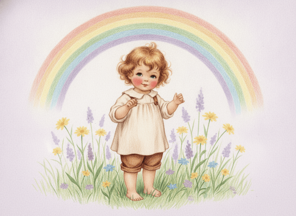Classic storybook style illustration of a sweet child in a wildflower meadow beneath a gentle arching rainbow